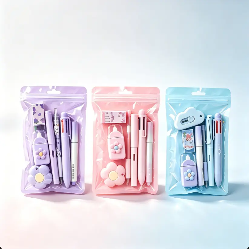 Kawaii Pastel Stationery Set - Lightweight Plastic Office Writing Tools Kit with Smooth Inkflow Gel Pens, Flower Sharpener, Eraser, Stickers, Pouch for Teen Girls - Purple/Pink/Blue Desk Accessories