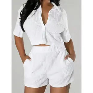 Two-piece Set Women's Textured Button Front Shirt & Elastic Waist Shorts Set, Chic Casual Style Versatile Short Sleeve Collared Top & Pocket Design Shorts, Elegance Two-piece Outfits for Women, Womenswear lounge  shirt