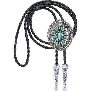 Western Vintage Bolo Tie for Men Cowboy Necklace Gold Leather Necktie Handmade Halloween Costume Accessories