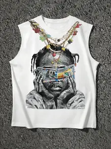Men's Casual Vest with Hand-Drawn Man Portrait, Graphic, Dollar Eye Mask & Layered Necklace, Vintage Hip-Hop Style, Streetwear, Summer Outdoors