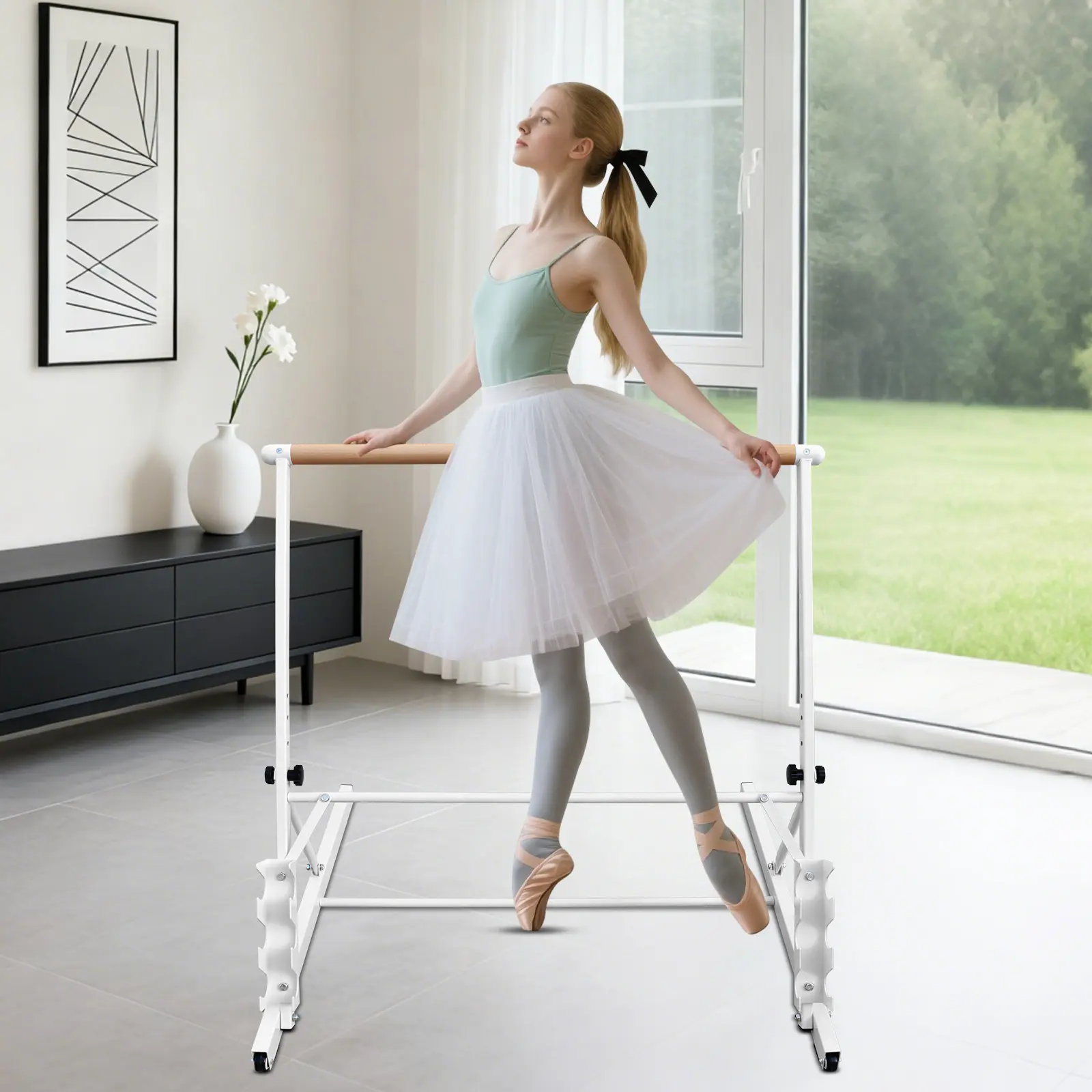 SAVEYOUR Freestanding Dance Fitness Bar, 41.3" Length Solid Exercise Bar for Home Pilates & Stretching, Stable with Multiple Height Levels, Ballet Barre, Adjustable, Solid Wood, Triangular Base, Unisex