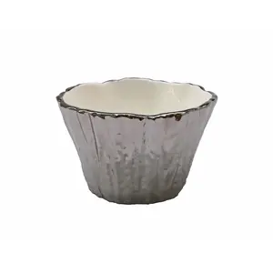 BARK 5 in. Round Wood-Inspired Porcelain Scalloped Serving Bowl - Silver Metal-Accented, Wood Tableware, Dishwasher-Safe, Stainproof Kitchenware, Home Decor, Serving Bowls