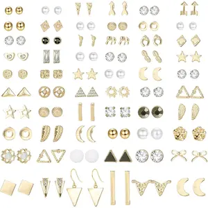 FIASASO 60 Pairs Gold Stud Earrings Set for Women Multipack, Trendy Hypoallergenic Cubic Zirconia Multiple Piercings Earrings Packs, Gold Earrings for Women Jewelry Gift