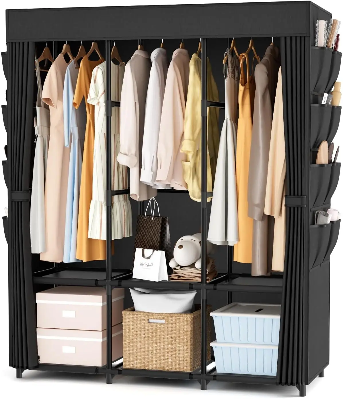 Wardrobe Closet Portable Closets for Hanging Clothes Large Capacity Clothes Rack with Cover, 3 Hanging Rods, 6 Shelves and 8 Pockets, Strong and Stable Free Standing Closet for Bedroom, Black