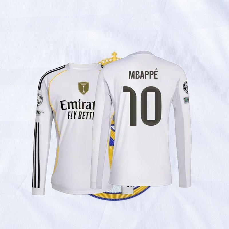 25 26 Home Kit White 10# Mbappé Long Sleeve Soccer Jersey Fans Version