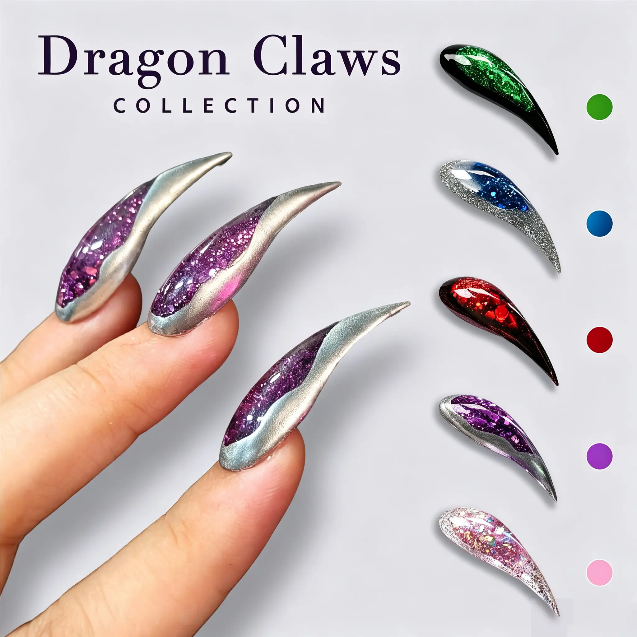 Dragon Claw Press On Nails Collection, Handmade Stiletto Fake Nail Sets, 3D Glitter Liquid Effect, Reusable False Nails