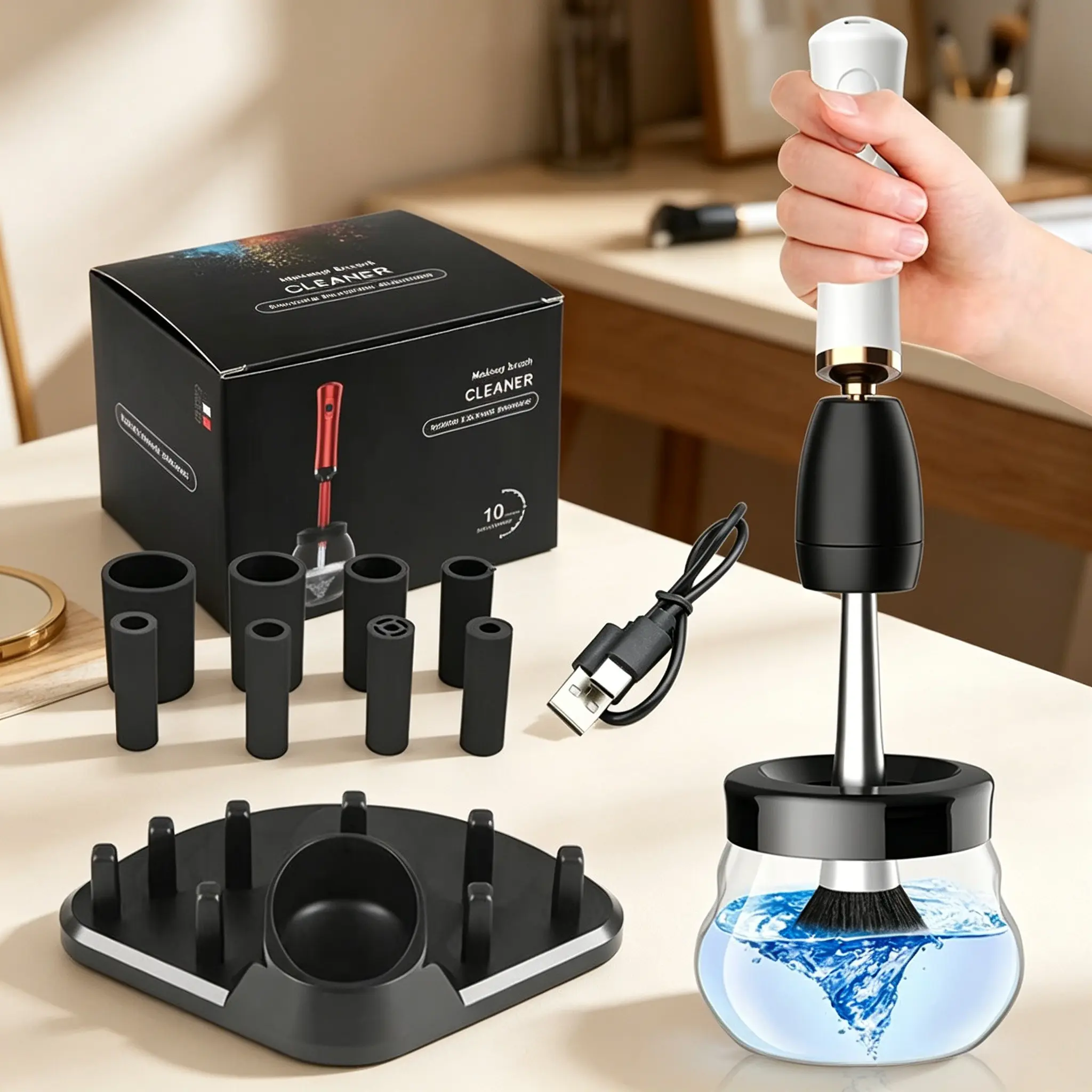 Electric Makeup Brush Cleaner and Dryer, Automatic Spinning Kit with 8 Rubber Collars, Fast Clean & Dry for All Sizes