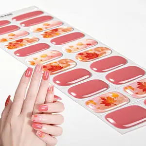 22 tips Gel Nail Full Wraps, Red-orange Nail Strips, Drill Nail, Long-Lasting Self-Adhesive Short Full Nail Sticker, Glitter Maple leaves Design, Disposable Use, for Women And Girls, UV Free, Quick Nail Art, Road Trips DIY, Nail Supplies