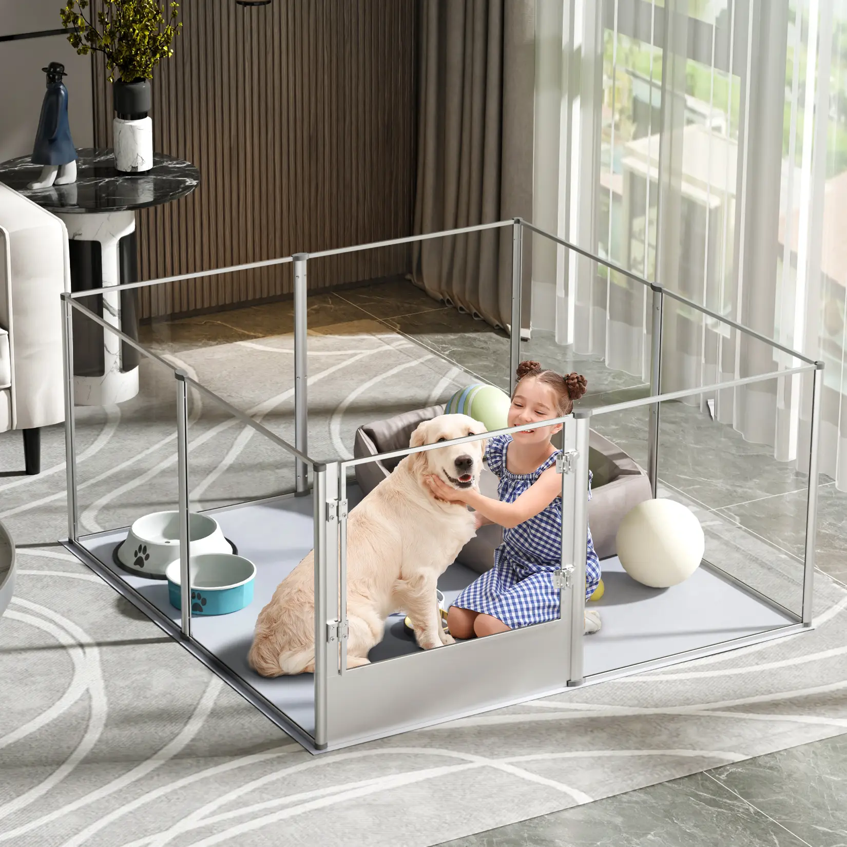 Bingopaw 8-Panel 31.7" H Transparent Acrylic Playpen, Durable Puppy Playpen for Indoor Pets, Waterproof Whelping Fence Box with Fertility Pad for Dogs