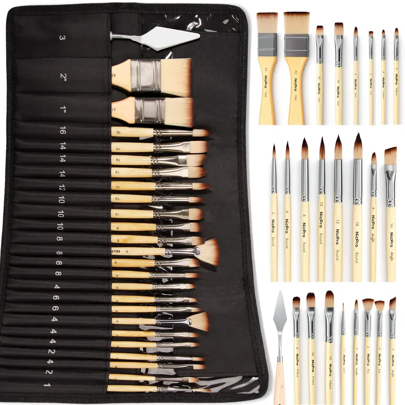 Nicpro 26-Pack All-Around Unisex Nylon Paint Brush Set - Professional Labelled Flat-Bristled Tips, Chrome-Plated Aluminum Handles, Comfortable Grip, Palette Knife, Cloth Roll, Acrylic/Oil Art Supplies for Adults, Crafting, Soakable in Water
