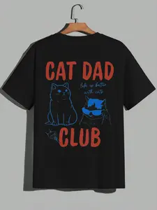 1 Piece Men's Cat Dad Club T-Shirt, Oversized Fit With Bold Text & Cool Cat Illustrations For Pet Lovers And Casual Everyday Wear