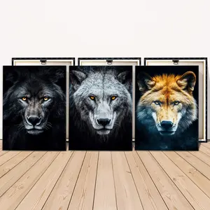 3 Counts Wooden Framed Canvas Painting, Fierce Wolf Trio Portrait Art, Exquisite Poster, Perfect Living Room Decoration, Modern Art, Fashion Family Poster, Wall Art Decoration, Waterproof Art, Modern Home Decoration