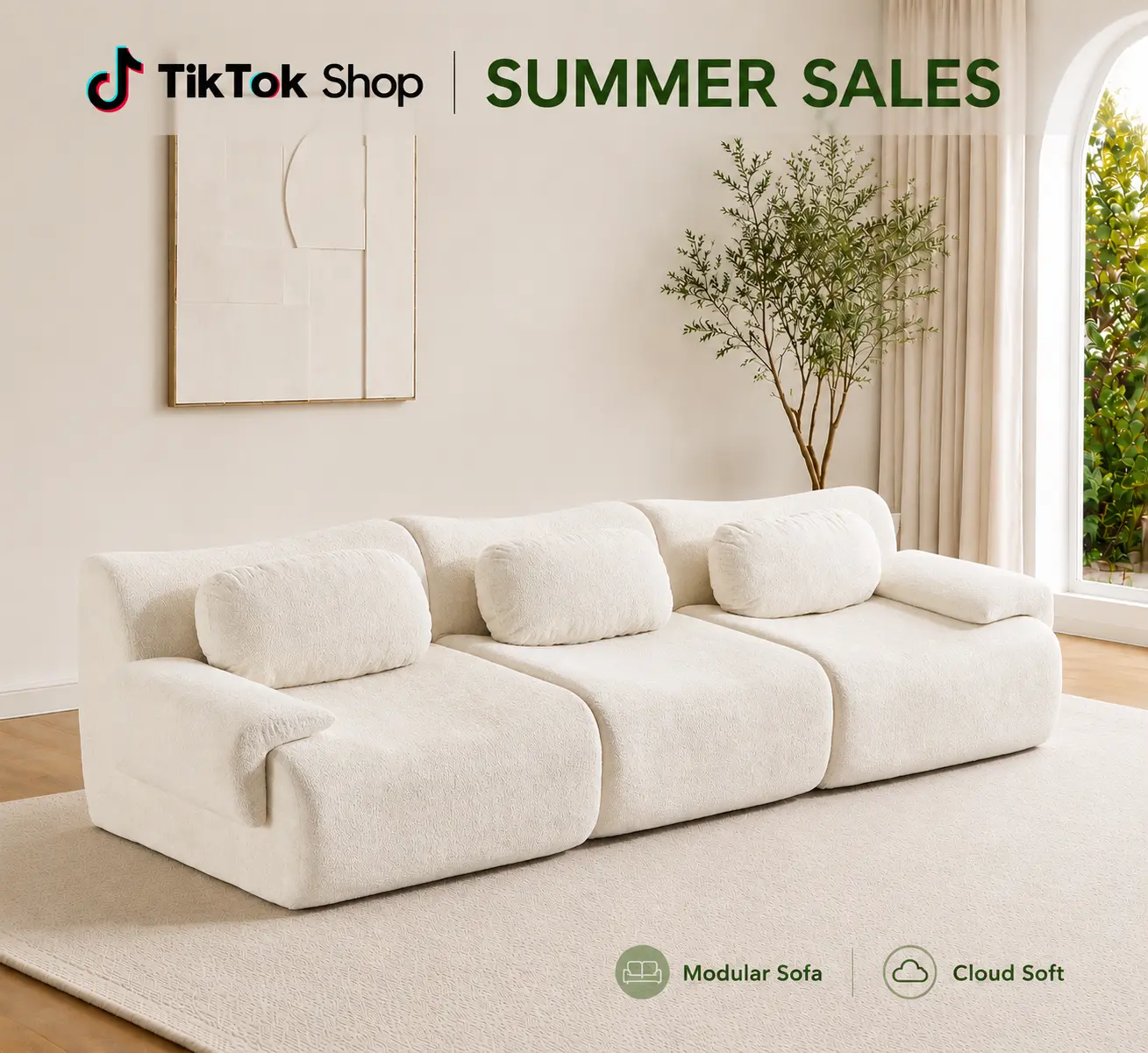 Chenille Modern Boneless Modular Sectional Sofa - Deep Seat Cloud Marshmallow Sofa Set, No Assembly Required, Oversized Living Room Couch for Apartment, Beige, Chenille Modern Sofa, Living Room Couches Boneless Couch Bed Big Boneless Couch