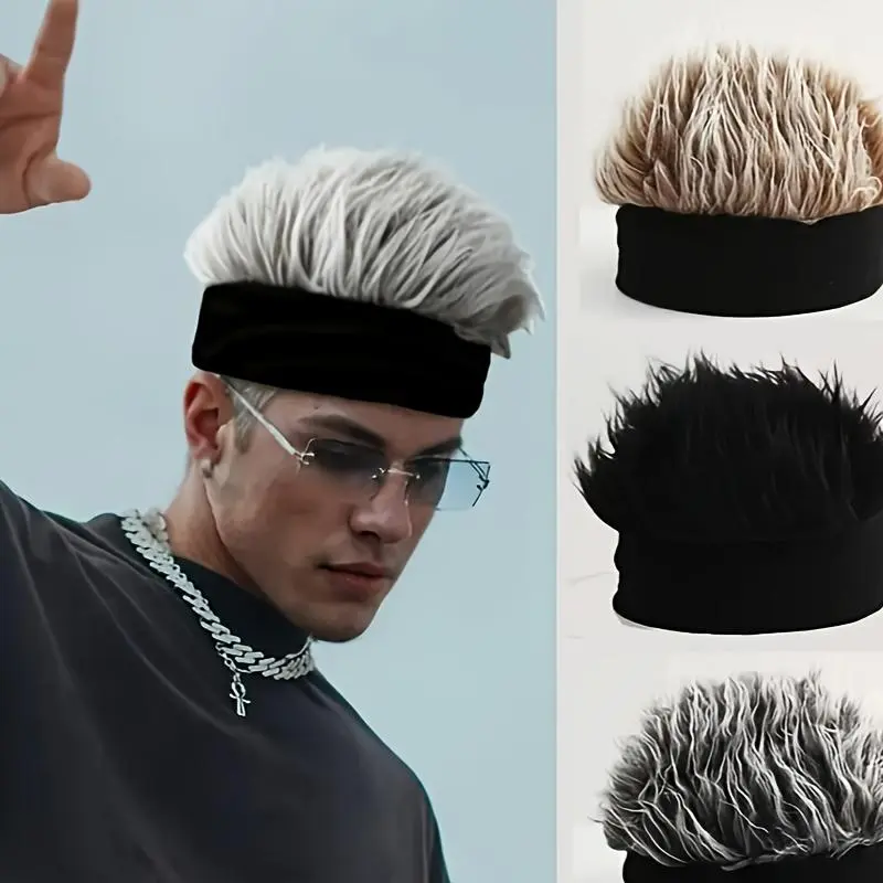 Men's Funky Faux Fur Knit Beanie Hat Hip-Hop Style Straight Hair No Brim Perfect for Parties & Cosplay Black & White Design Party Accessory