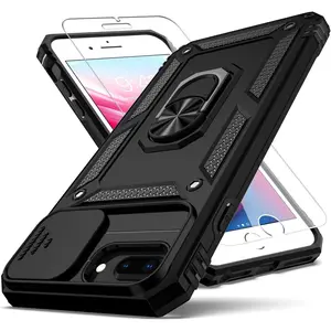 for iPhone 8 Plus Case, for iPhone 7/6 Plus Case,with Slide Camera Cover+ HD Screen Protector,Rotated Ring Kickstand Military Grade Shockproof Protective Cover-Black