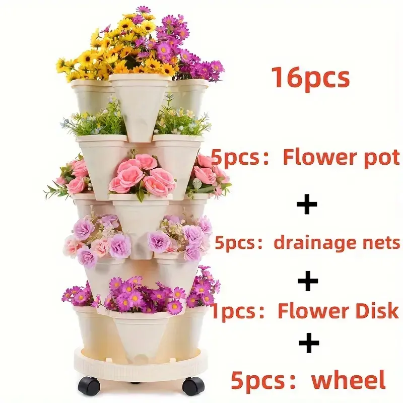 5-layer Stackable Flower Pots - Vertical Garden Flower Pots for Flowers, Herbs, Strawberries And Vegetables - New Durable PPP Plastic, with Moving Wheels And Tools - Indoor/Outdoor Garden Flower