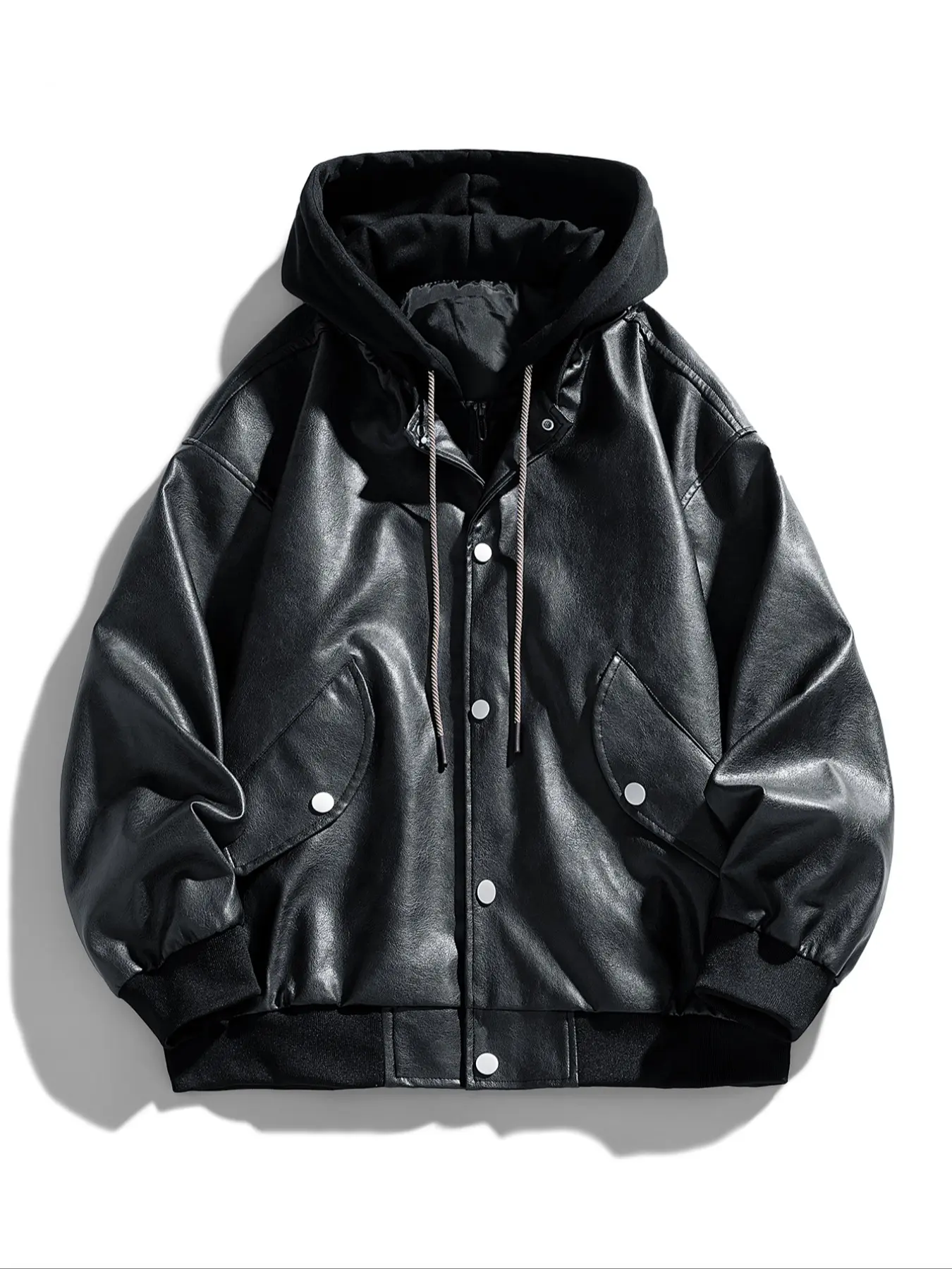 Men's Faux Two-Piece Hooded Leather Jacket, Casual Inner Layer Design, Stylish Outerwear for Everyday Wear, Trendy Fashionable Look, Coats