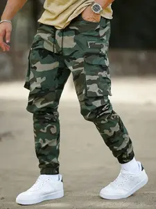 【Plus Size】 Camo Print Drawstring Waist Cargo Pants, Pants for Men, Casual Streetwear Trousers, Casual Loose Camouflage Pocket Zipper Trousers for Daily Wear, Men's Bottoms for All Seasons, 90s Clothes for Men, Casual Outdoor Trouser