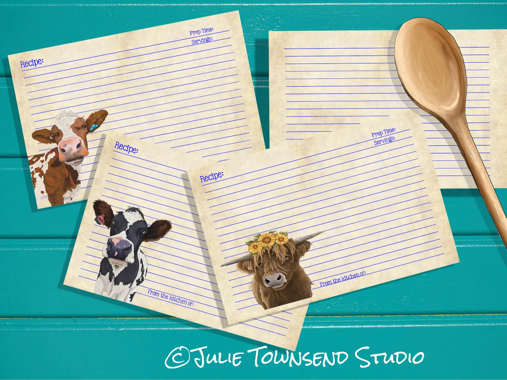 COW LOVER 2 Recipe Cards - Assorted Set of 36 Recipe Cards - Original Artwork of Julie Townsend