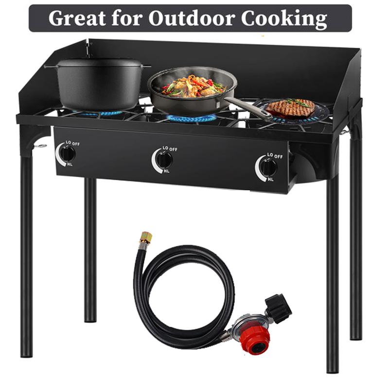 3 Burner Outdoor Propane Gas Stove with Regulator, Windpanel & Carrying Bag, 150,000 BTU Powerful Stand Cooker for Backyard Cooking Camping Home Brewing Canning Turkey Frying
