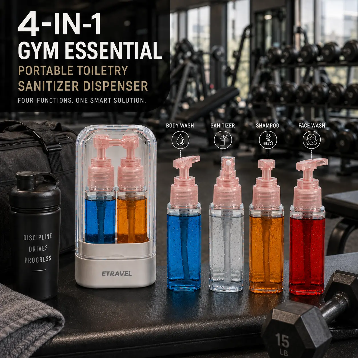 4-in-1 Travel Dispenser Bottle Set - Leakproof Toiletry & Sanitizer Organizer for Gym
