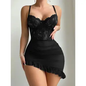 Sexy Corset Bodycon Ruffle Sheer Underwire Mesh Lace Floral Outfits Babydoll Lingerie Set Dress with Thong 2 Piece Lace Bodysuit