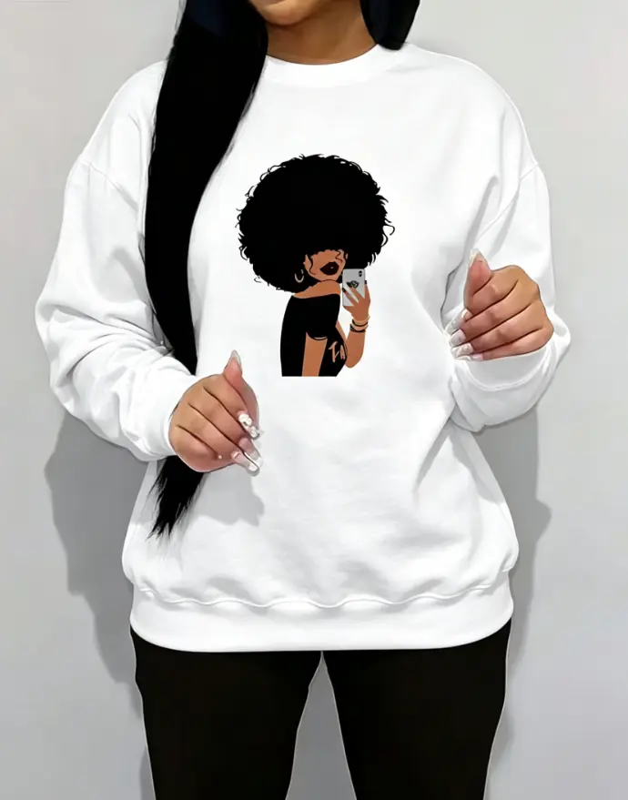 Afro Hair Self‑Portrait Girl Front Print Fleece Crewneck Sweatshirt, Melanin Empowerment Pullover, Daily Holiday Gift