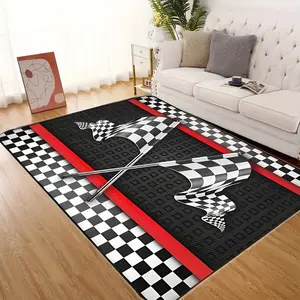 Racing Theme Mat Black and White Checkered Flag Print Non-Slip Mat Suitable for Teen Boys Girls Ladies Men's Red Stripe Geometric Grid Plaid Indoor Mat Comfortable and Machine Washable Mat Ideal for Kitchen Hallway Dining Room Living Room Bedroom