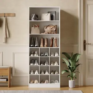 LITTLE TREE Tall Shoe Cabinet Storage, 7-Tier Wood Shoe Rack Organizer, Freestanding 24-Pairs Shoe Shelf for Entryway, Living Room, with 3 Adjustable Side Hooks