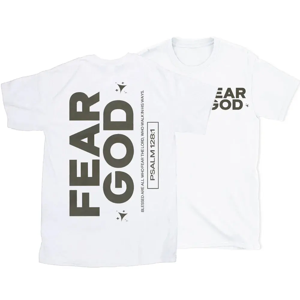 Women's Fitted-Oversized Short-Sleeve Cotton T-Shirt, Christian Religious Psalm 128:1 Fear God Bold Print Apparel, Personalized Casual Faith-Based Valentine's Day Gift