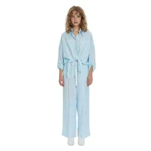 Blue Full Length High-Waist Loose Fit Wide Leg Tencel Casual Women's Pants
