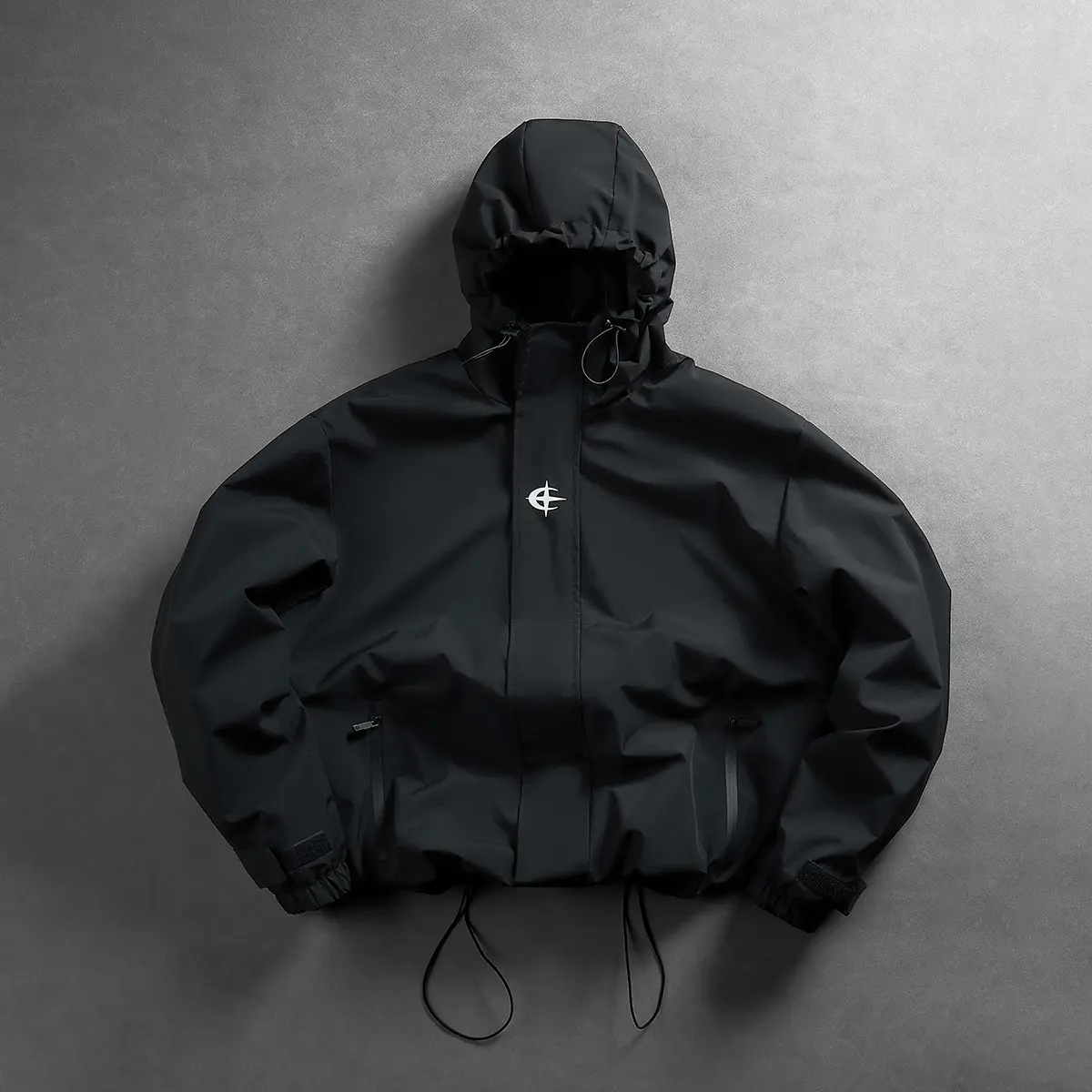 Cropped Hooded Full Zip Windbreaker Unisex Adjustable Drawstring Hood & Hem Seam Zipper Pockets Lightweight Rain Jacket Minimal Techwear Urban Street Outerwear Coats Man