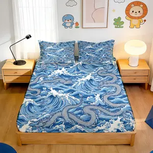 3pcs Fitted Sheet Classic Chinese Style, Dragon and Wave Theme Bedding, Blue Color, Traditional Oriental Dragon Wave Print, for Bedroom, Guest Room, Hotel Use(1 Fitted sheet+2 pillowcases, Without Core)