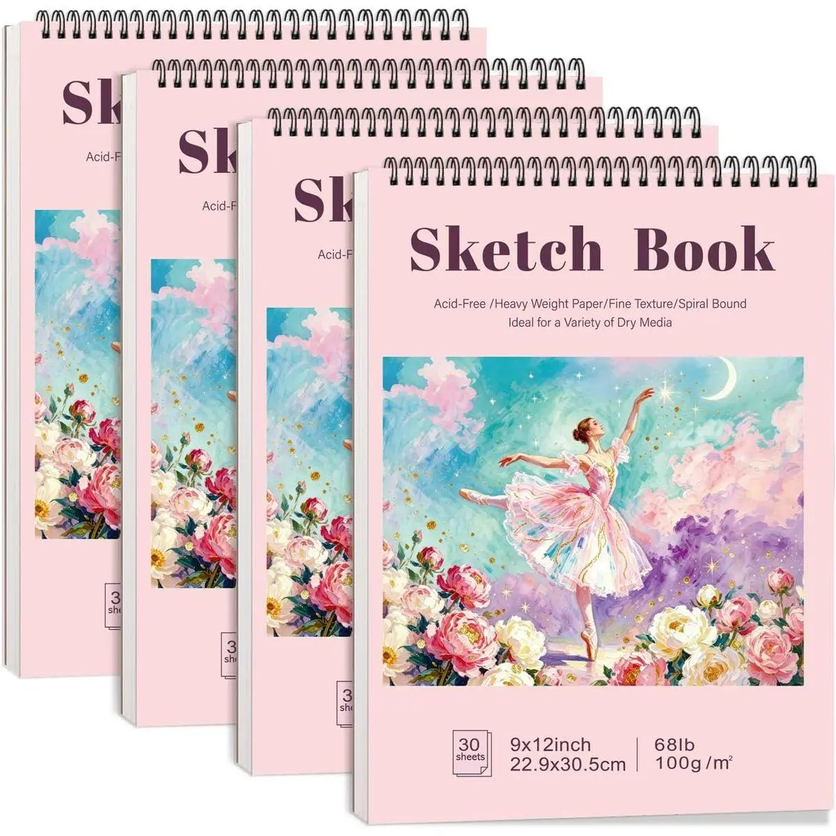 4 Pack Sketch Book, 9 x 12 Inch Sketchbook, 68lb/100gsm Top Spiral Bound Sketch Pad, Acid Free Art Supplies Drawing Painting Sketching Paper for Beginners, Artists (Pink)