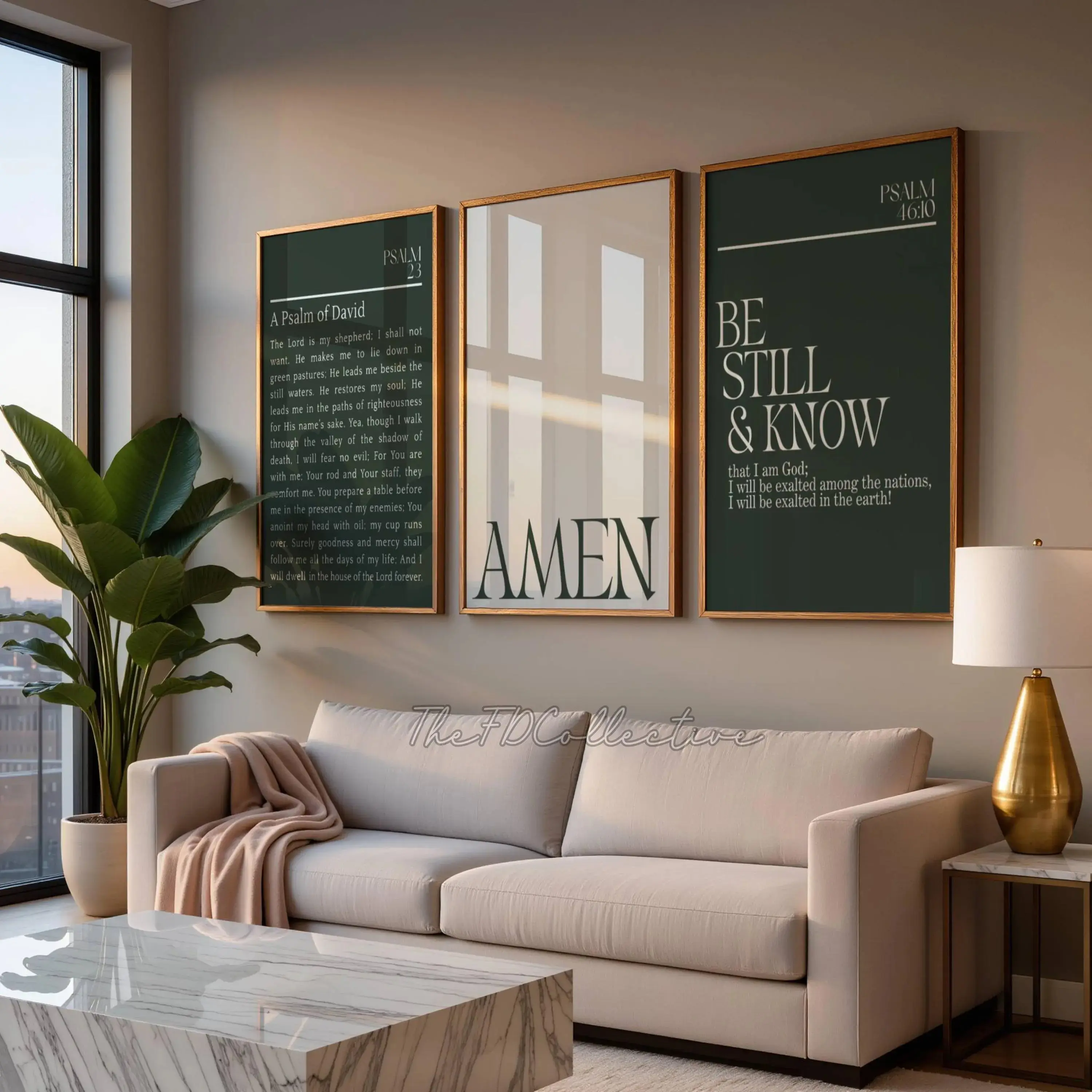 Modern Christian Wall Art Set of 3,Psalm 23 Green Digital Bible Verse Prints, Minimalist Home Decor, Printable Neutral Art, Amen Print