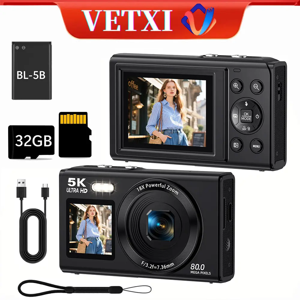 VETXI-X9 5K 80MP Digital Cameras for Photography with Dual Screen, Autofocus Vlogging Camera for YouTube,Compact Point and Shoot Camera Good for Beginners Teen