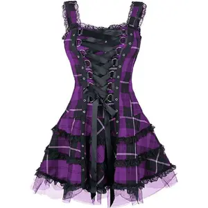 NewVintage Plaid Bandage Gothic Women's A-line Dresses Grunge Aesthetic Lace Trim Patchwork Mini Dress Punk Bodycon Womenswear Summer Sleeveless Casual Black