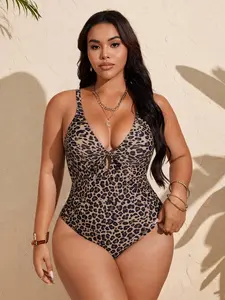 NAVALORA Plus Size Women's One-Piece Fashionable Sexy Leopard Print V-Neck Tie Front Hollow Out Adjustable Straps Casual One-Piece Swimsuit For Summer Beach Vacation