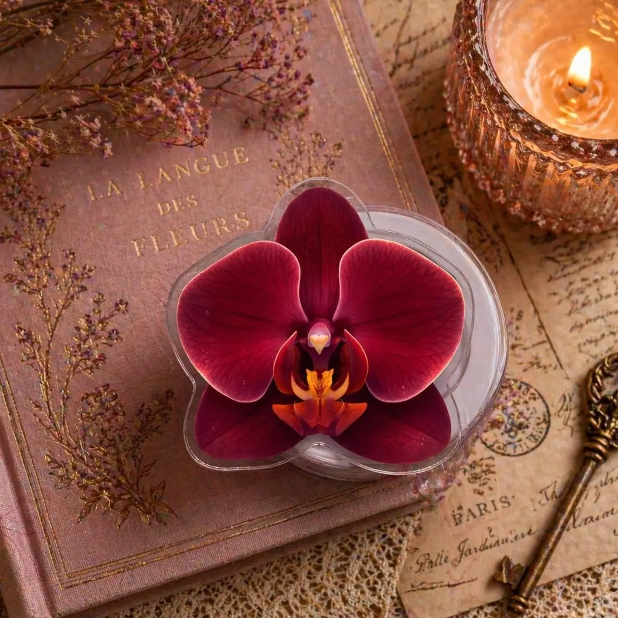 Orchid Flower Magnetic Phone Grip: Dark Burgundy Floral Aesthetic Magnetic Phone Holder, Cute Elegant Coquette Girly Gift, Kindle Holder