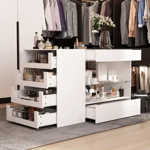 FUFU&GAGA Bedroom Island Wardrobe Closet Island with 8 Drawers & Glass Tabletop Island Dresser with Display Shelf Closet Island for Bedroom Cloakroom Store White (47.2”W x 23.6”W x 31.5”H) Cabinets Furniture