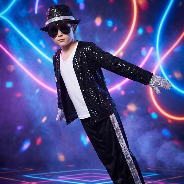 Boys' 80s-90s Pop Dance Costume Full Set - Polyester Sequins Criss Cross Striped T-Shirt & Pants, Sunglasses Included, Costumes with Accessories for Halloween, Cosplay Gear, 4-5/13-14Y Halloween Aesthetic Outfit