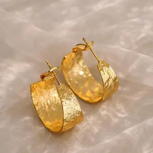 Hammered Gold Hoop Earrings | 925 Silver Post | Waterproof Hypoallergenic Textured Statement Earrings