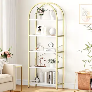 White + Gold Bookshelf 5 Tier Bookcase Arched Display Racks Tall Standing Bookshelves Metal Frame Modern Storage Rack Shelf Large Wood Book Shelf for Bedroom,Living Room,Home Office