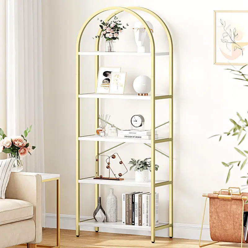 5-Tier White + Gold Arched Metal + MDF Aesthetic Bookshelf, Smooth Adjustable Shelves, Waterproof Top, Anti-Tip Strap, Easy Installation, Decor Organizer, Bedroom Decor, Living Room Furniture for Home Office Use