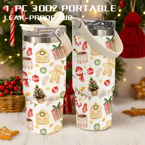 1 Pc 30 Oz Portable Stainless Steel Thermal Mug, 2-in-1 Lid, Gingerbread House and Gift Box Christmas Pattern, 100% Leak-Proof, Keep Hot 12H/ Cold 24H, Fun Drinkware for Office, Home, Car, Perfect Holiday Gift for Women, Friends, and Mothers, Easy To Carr
