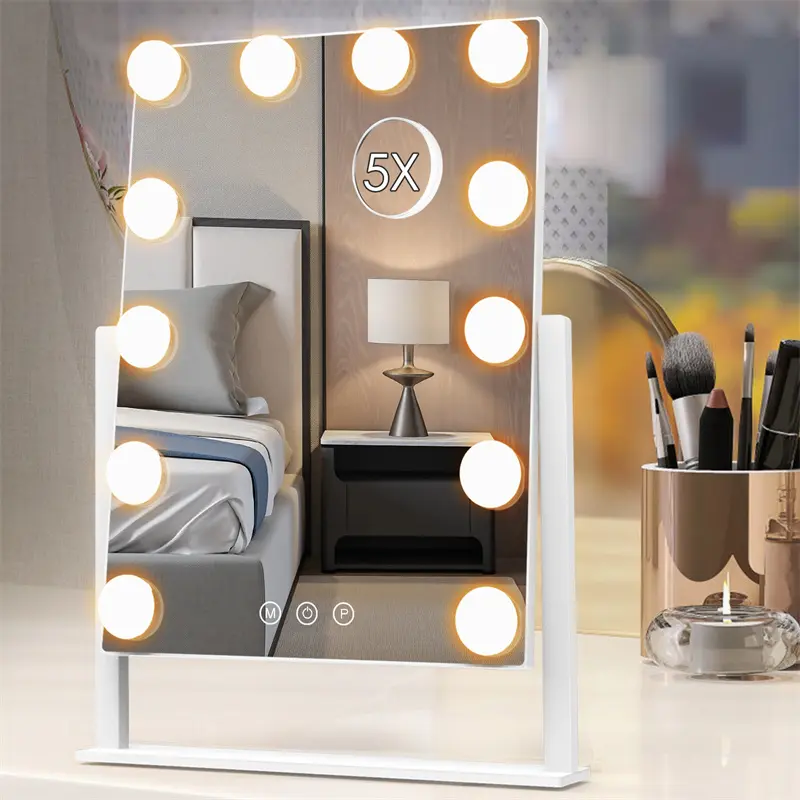 Classic Hollywood Vanity Mirror with 12 Dimmable Lights, 3 Color Lighting Modes, White 360° Rotatable Metal Rim & Removable 5x Magnification Mirror, Ideal for Bedroom, Dressing Room