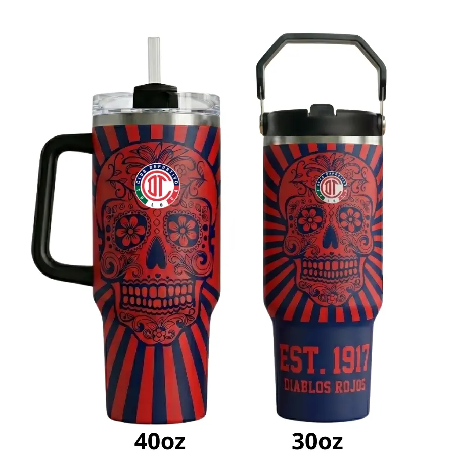 Toluca Style Mexico Soccer Tumbler 30oz 40oz – Red & White Club Inspired Insulated Travel Mug with Handle, Fan Edition Sports Drinkware