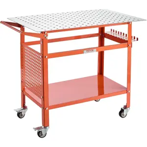 VEVOR Welding Table, 40" x 24" Welding Workbench Table with 800LBS Static Weight Capacity, Movable Steel Work Bench with 4 Wheels (2 with Brake), Double-Layer Storage Board and 5/8-inch Fixture Holes