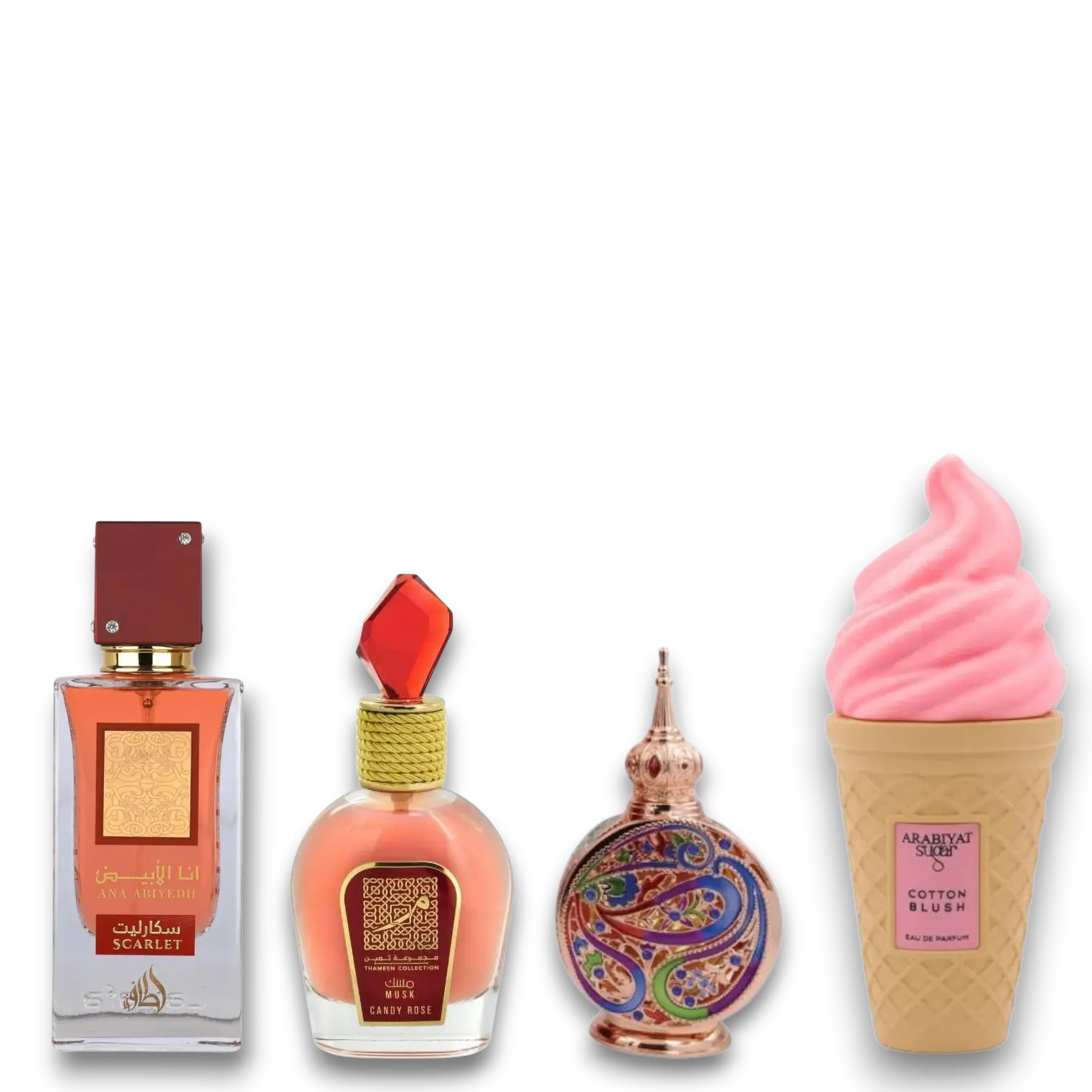 Oudlash Bundle | Lattafa Ana Scarlet + Lattafa Musk Candy Rose + Zakat Layl Al Yasmeen Oil + Arabiyat Cotton Blush | Women's Fragrance | 100 ML - 3.4 OZ | Eau De Parfum | Orange - Bergamot & Musk