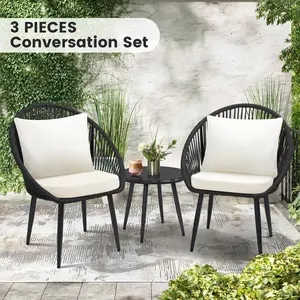 3-Piece All-Weather Outdoor Bistro Furniture Set – Comfortable Cushioned Rope Woven Chairs & Side Table, Great for Poolside, Balcony & Backyard, Black